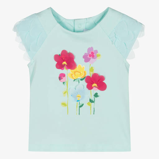 Mayoral-Girls Blue Floral Cotton T-Shirt | Childrensalon