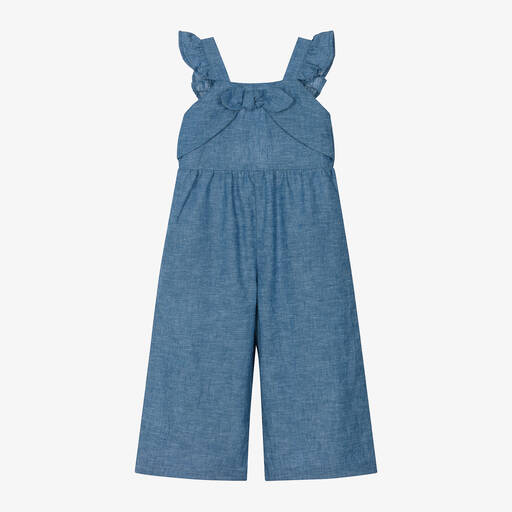 Mayoral-Girls Blue Linen & Cotton Bow Jumpsuit | Childrensalon