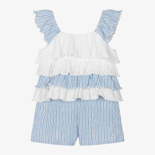 Mayoral-Girls Blue & White Striped Shorts Set | Childrensalon