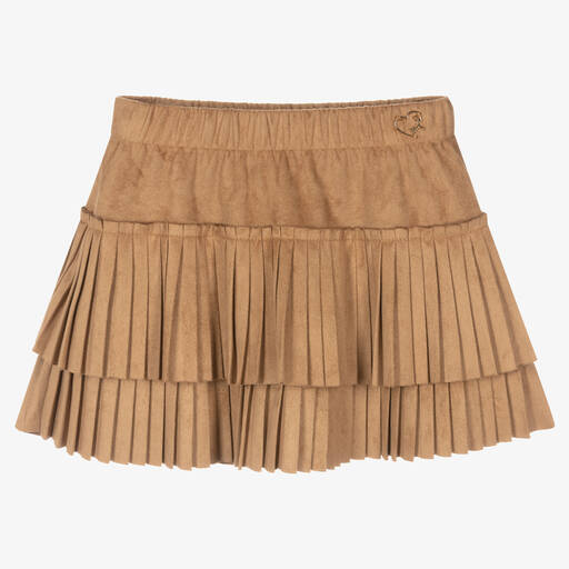Mayoral-Girls Brown Faux Suede Pleated Skirt | Childrensalon