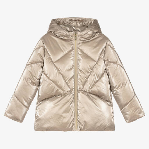 Mayoral-Girls Gold Hooded Puffer Jacket | Childrensalon