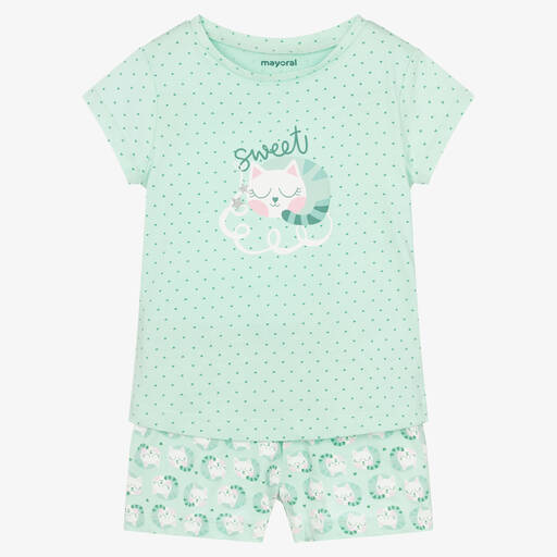 Mayoral-Girls Green Cotton Cat Pyjamas | Childrensalon