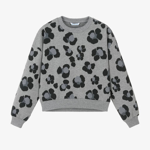 Mayoral-Girls Grey Cotton Leopard Print Sweatshirt | Childrensalon