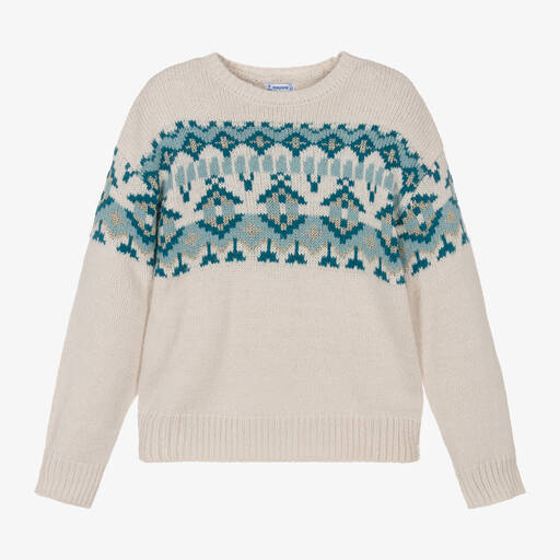 Mayoral-Girls Ivory & Blue Fair Isle Jumper | Childrensalon