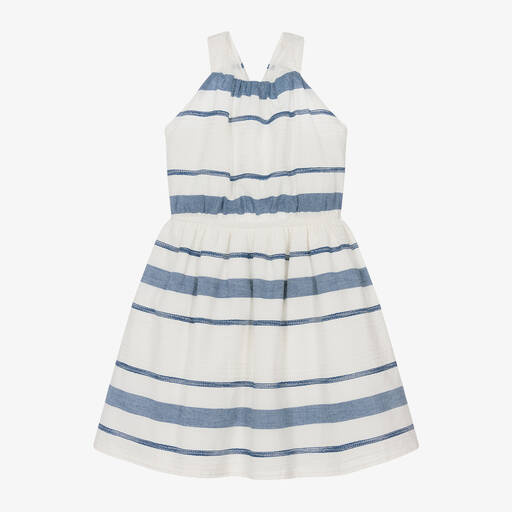 Mayoral-Girls Ivory & Blue Striped Linen Dress | Childrensalon