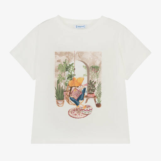 Mayoral-Girls Ivory Cotton Girl Print T-Shirt | Childrensalon