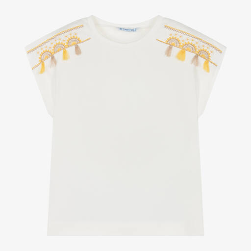 Mayoral-Girls Ivory Cotton Tassel T-Shirt | Childrensalon