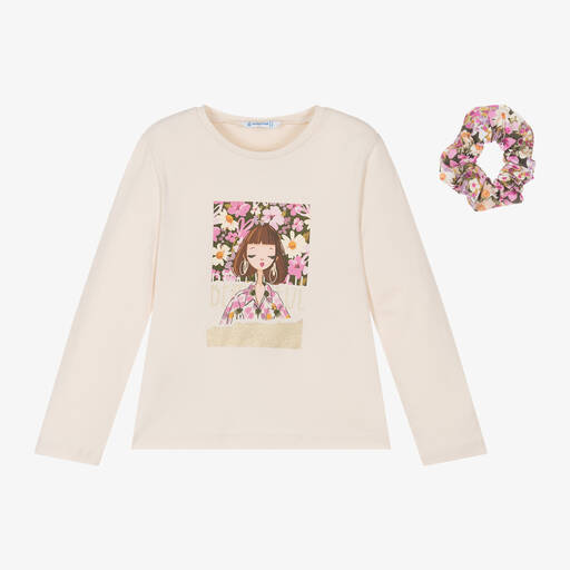 Mayoral-Girls Ivory Cotton Top & Floral Scrunchie | Childrensalon