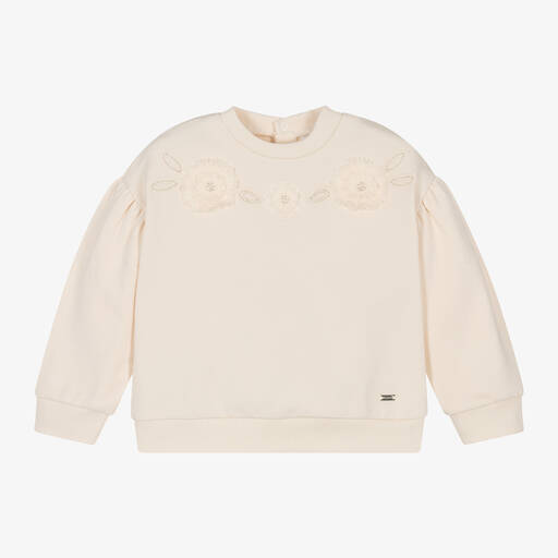 Mayoral-Girls Ivory Embroidered Cotton Sweatshirt | Childrensalon