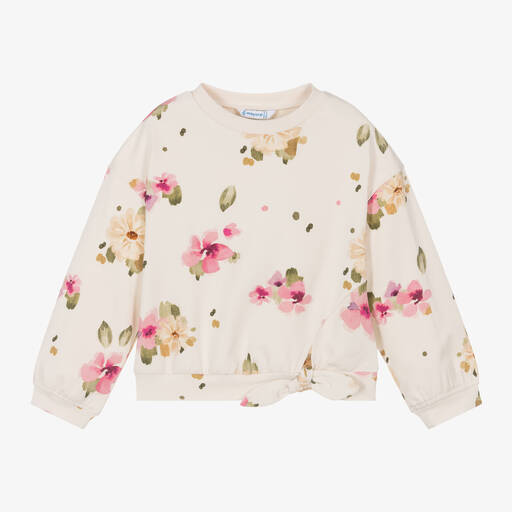 Mayoral-Girls Ivory & Pink Floral Cotton Sweatshirt | Childrensalon
