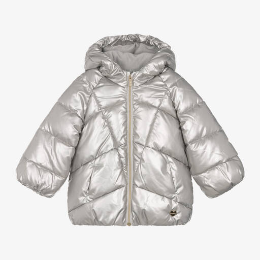 Mayoral-Girls Metallic Silver Hooded Puffer Coat | Childrensalon