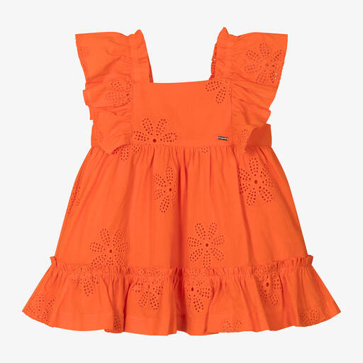 Mayoral-Girls Orange Cotton Broderie Anglaise Dress | Childrensalon