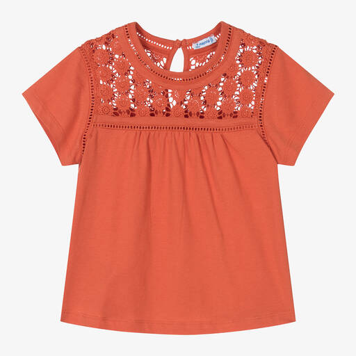 Mayoral-Girls Orange Cotton Crochet T-Shirt | Childrensalon