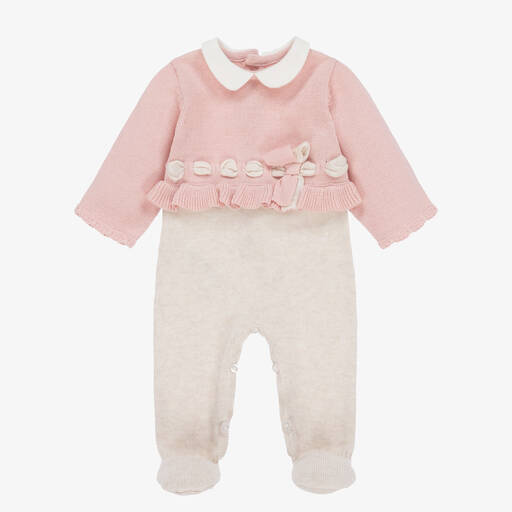 Mayoral-Girls Pink & Beige Cotton Knit Babygrow | Childrensalon