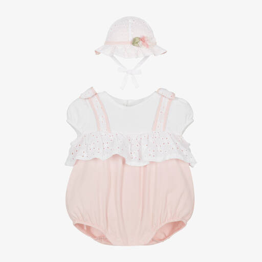 Mayoral-Girls Pink Cotton Babysuit & Hat Set | Childrensalon