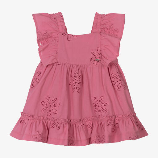 Mayoral-Girls Pink Cotton Broderie Anglaise Dress | Childrensalon