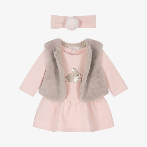 Mayoral Newborn-Girls Pink Cotton & Faux Fur Dress Set | Childrensalon
