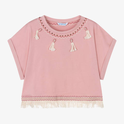 Mayoral-Girls Pink Cotton Tassel T-Shirt | Childrensalon