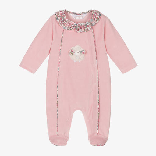 Mayoral Newborn-Girls Pink Cotton Velour Sheep Babygrow | Childrensalon
