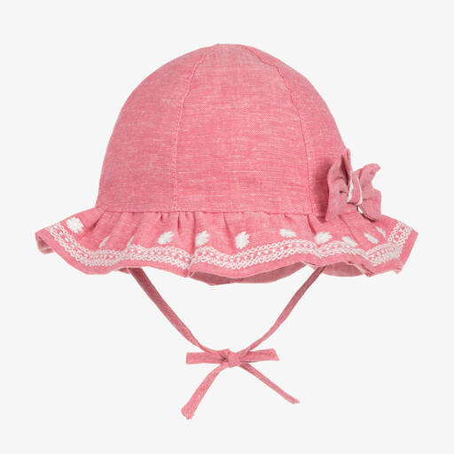 Mayoral-قبعة للشمس قطن وكتان مطرزة لون زهري للبنات  | Childrensalon
