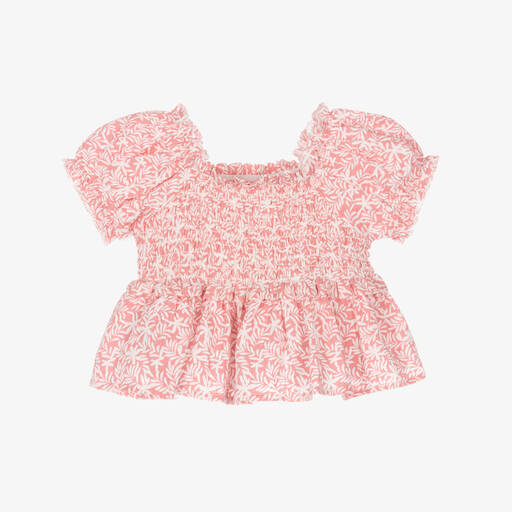 Mayoral-Girls Pink Floral Cotton Shirred Blouse | Childrensalon