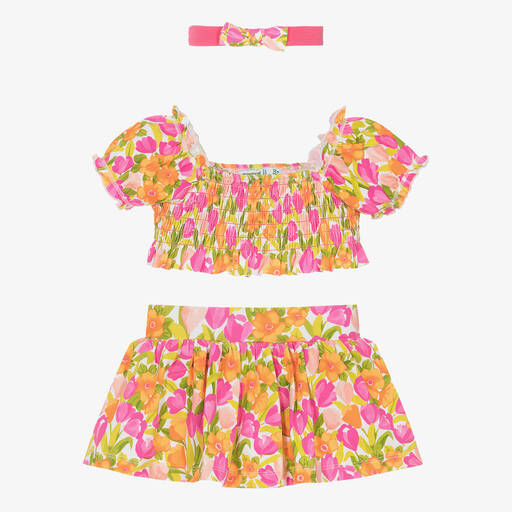 Mayoral-Girls Pink Floral Cotton Skirt Set | Childrensalon