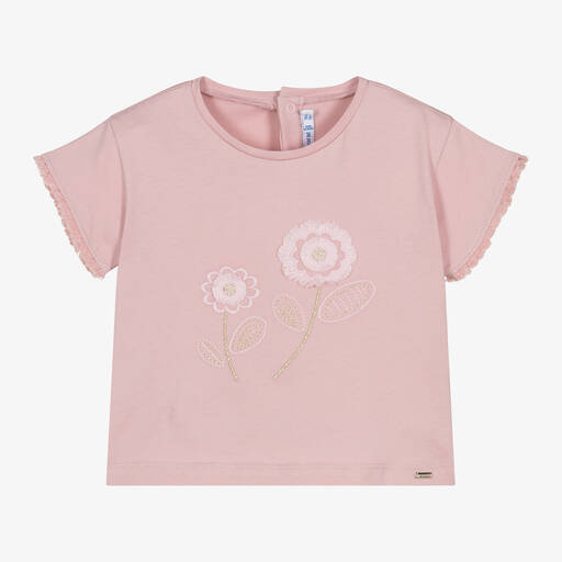 Mayoral-Girls Pink Flowers Cotton T-Shirt | Childrensalon