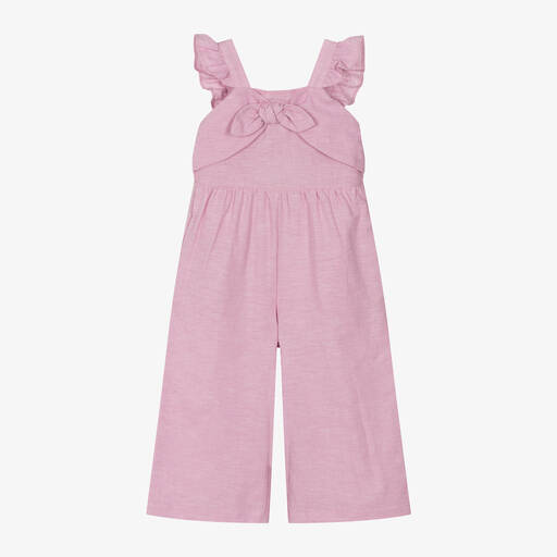 Mayoral-Girls Pink Linen & Cotton Bow Jumpsuit | Childrensalon