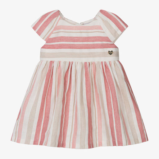Mayoral-Girls Pink Striped Cotton & Linen Dress | Childrensalon