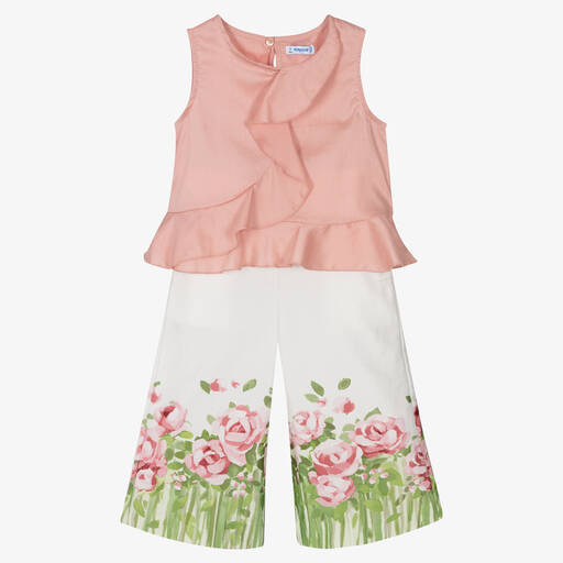 Mayoral-Girls Pink & White Floral Trouser Set | Childrensalon