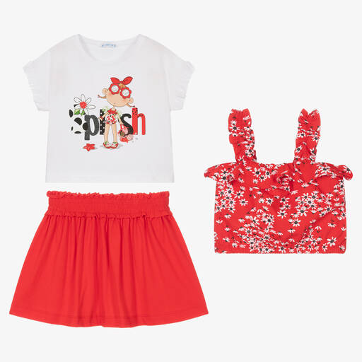 Mayoral-Girls Red Cotton Floral Skirt Set | Childrensalon