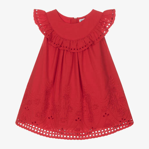 Mayoral-Girls Red Embroidered Cotton Dress | Childrensalon