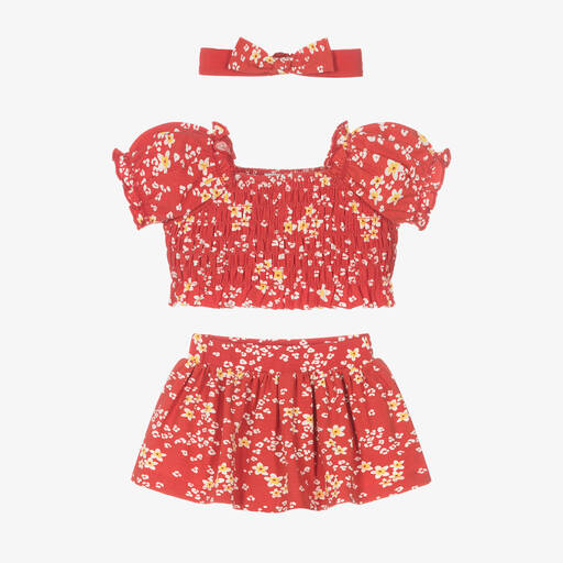 Mayoral-Girls Red Floral Cotton Skirt Set | Childrensalon