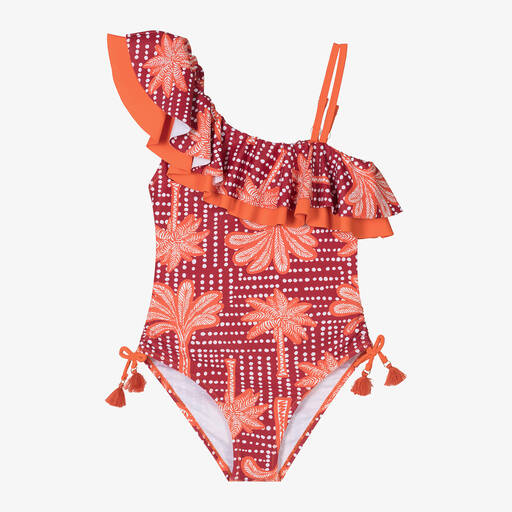 Mayoral-Girls Red & Orange Palm Tree Swimsuit | Childrensalon
