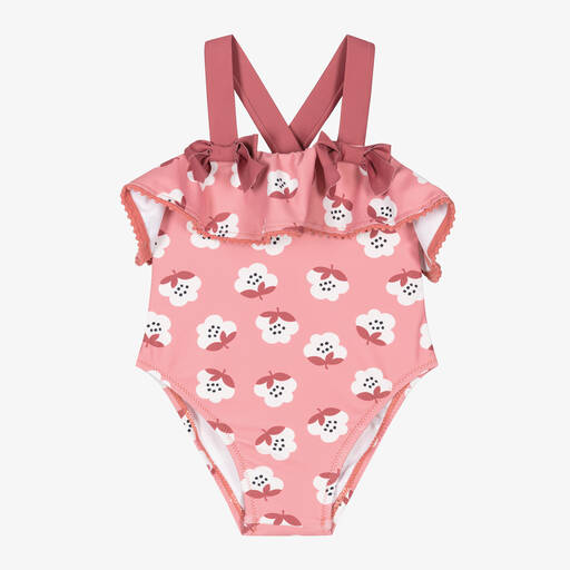 Mayoral-Girls Terracotta Pink Floral Ruffle Swimsuit | Childrensalon