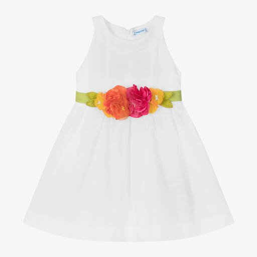 Mayoral-Girls White Cotton Flower Belt Dress | Childrensalon