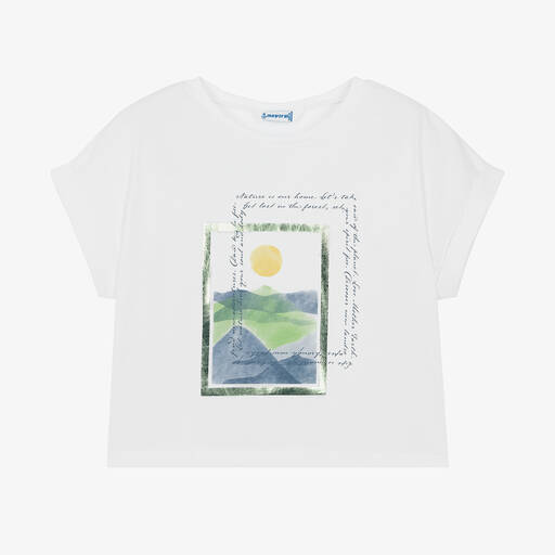 Mayoral-Girls White Cotton Mountain T-Shirt | Childrensalon