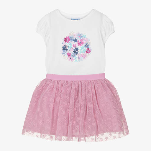 Mayoral-Girls White Cotton & Pink Tulle Skirt Set | Childrensalon
