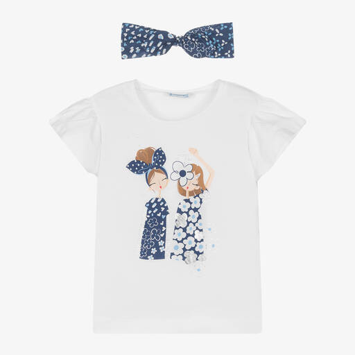 Mayoral-Girls White Cotton T-Shirt & Headband Set | Childrensalon