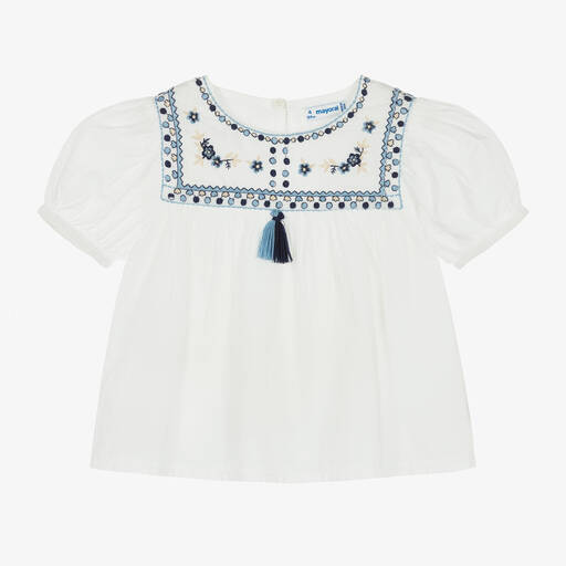 Mayoral-Girls White Embroidered Cotton Blouse | Childrensalon