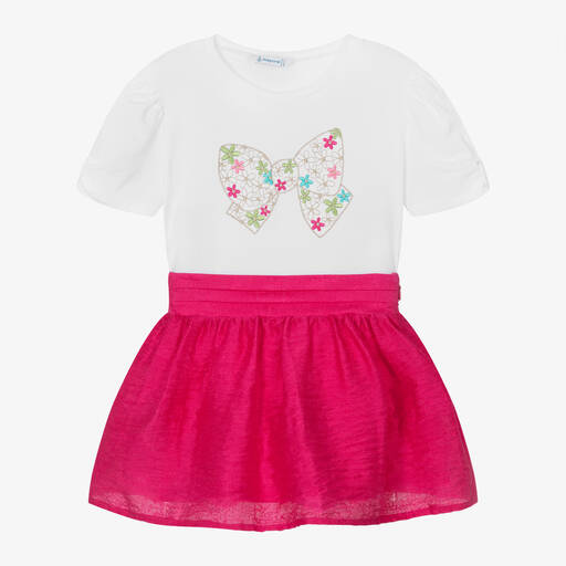 Mayoral-Girls White Top & Pink Skirt Set | Childrensalon