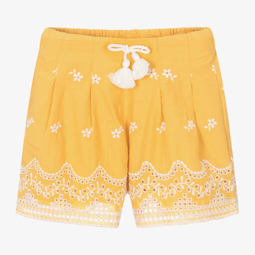 Mayoral-Girls Yellow Cotton Broderie Shorts | Childrensalon