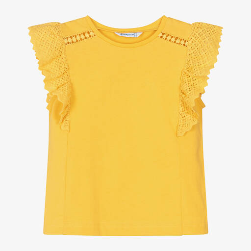 Mayoral-Girls Yellow Cotton & Crochet Lace Top | Childrensalon