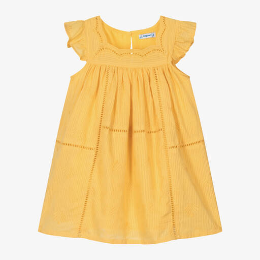 Mayoral-Girls Yellow Cotton Embroidered Dress | Childrensalon