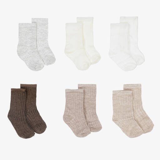 Mayoral Newborn-Ivory & Brown Cotton Baby Socks (6 Pack) | Childrensalon