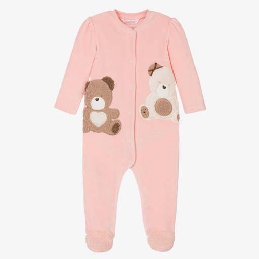 Mayoral-Pink Velour Bear Babygrow | Childrensalon