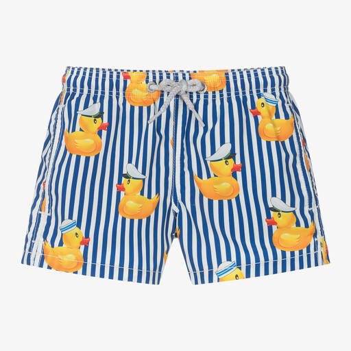 MC2 Saint Barth-Boys Blue Striped Duck Print Swim Shorts | Childrensalon