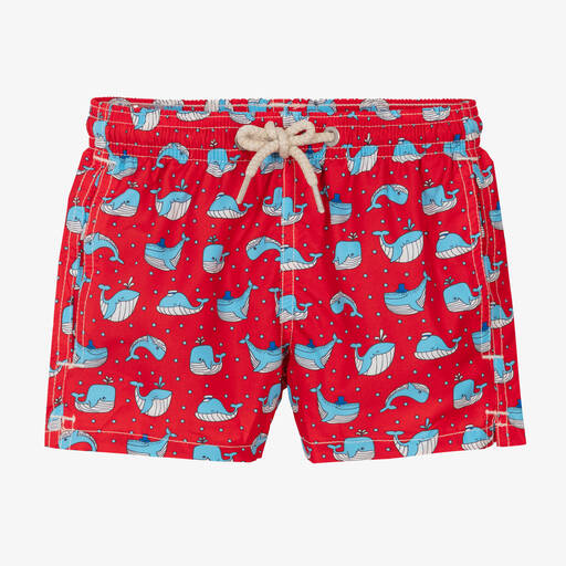 MC2 Saint Barth-Boys Red Whale Print Swim Shorts | Childrensalon