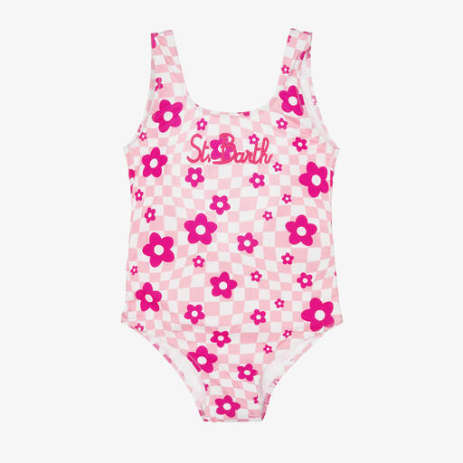 MC2 Saint Barth-Girls Pink Daisy Check Logo Swimsuit | Childrensalon
