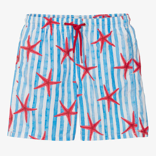 MC2 Saint Barth-Teen Boys Blue Stripe Starfish Print Swim Shorts | Childrensalon